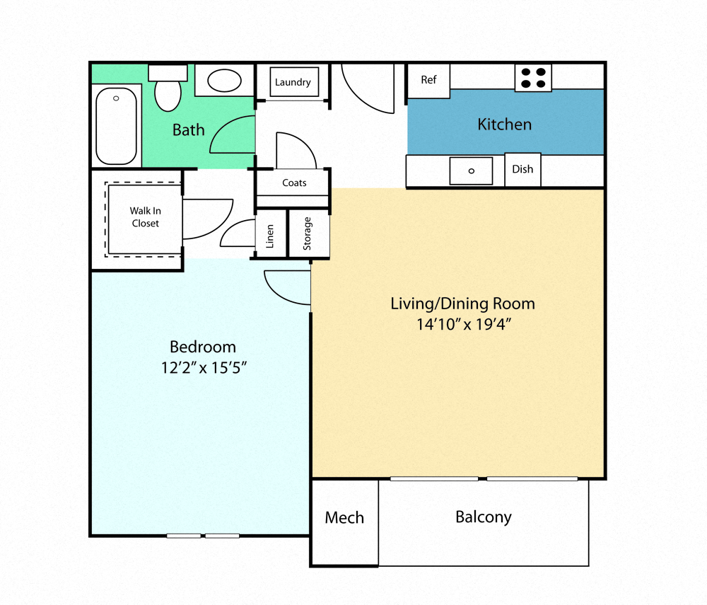 Floor plan for 1 bed, 1 bath, 832 sqft